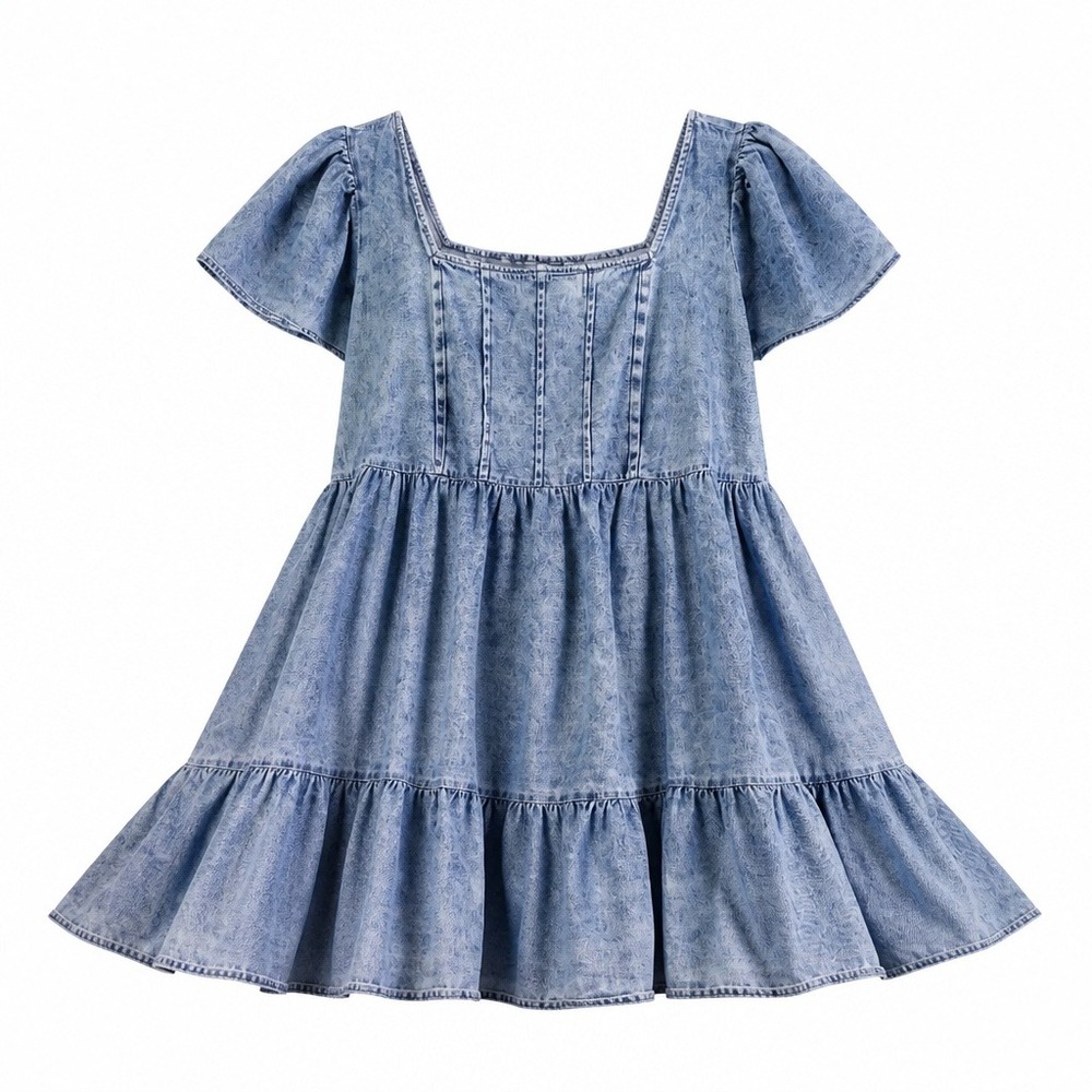 Womens 2X Blue Acid Wash Denim Babydoll Tiered Mini Dress Smocked